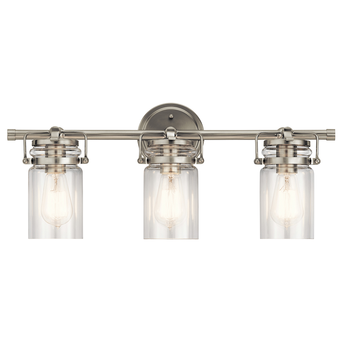 The vintage mason jar style of the Brinley(TM) collection 3-light bath light in Brushed Nickel gives a beautifully modern treatment to the familiar and comfort of canning jars.