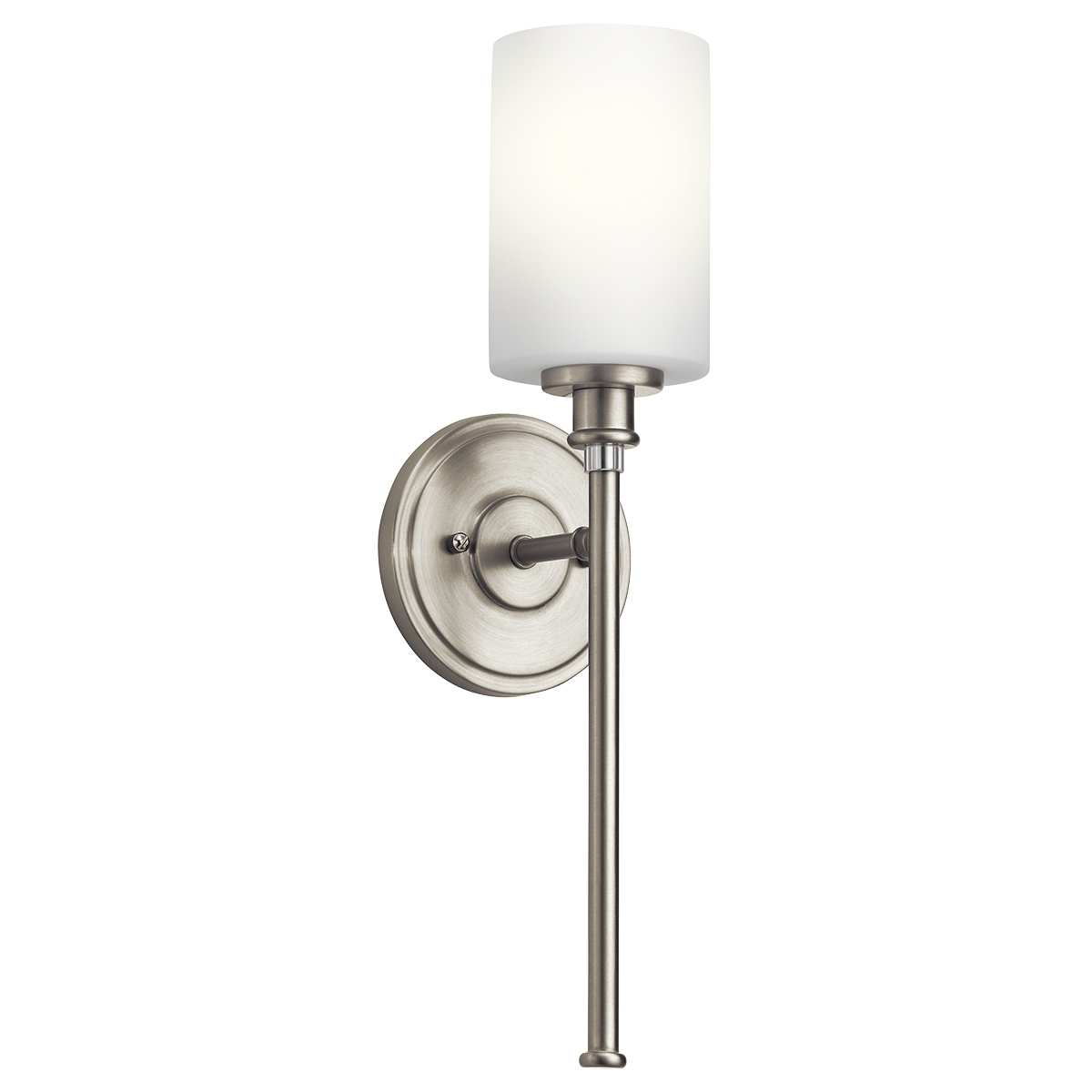 Joelson delivers a  1-light wall sconce that's transitional and versatile enough for every room in the home. This light showcases a retro-inspired light bulb socket with beautiful satin etched cased opal glass. For added ambiance, Joelson is appointed with a Brushed Nickel finish.