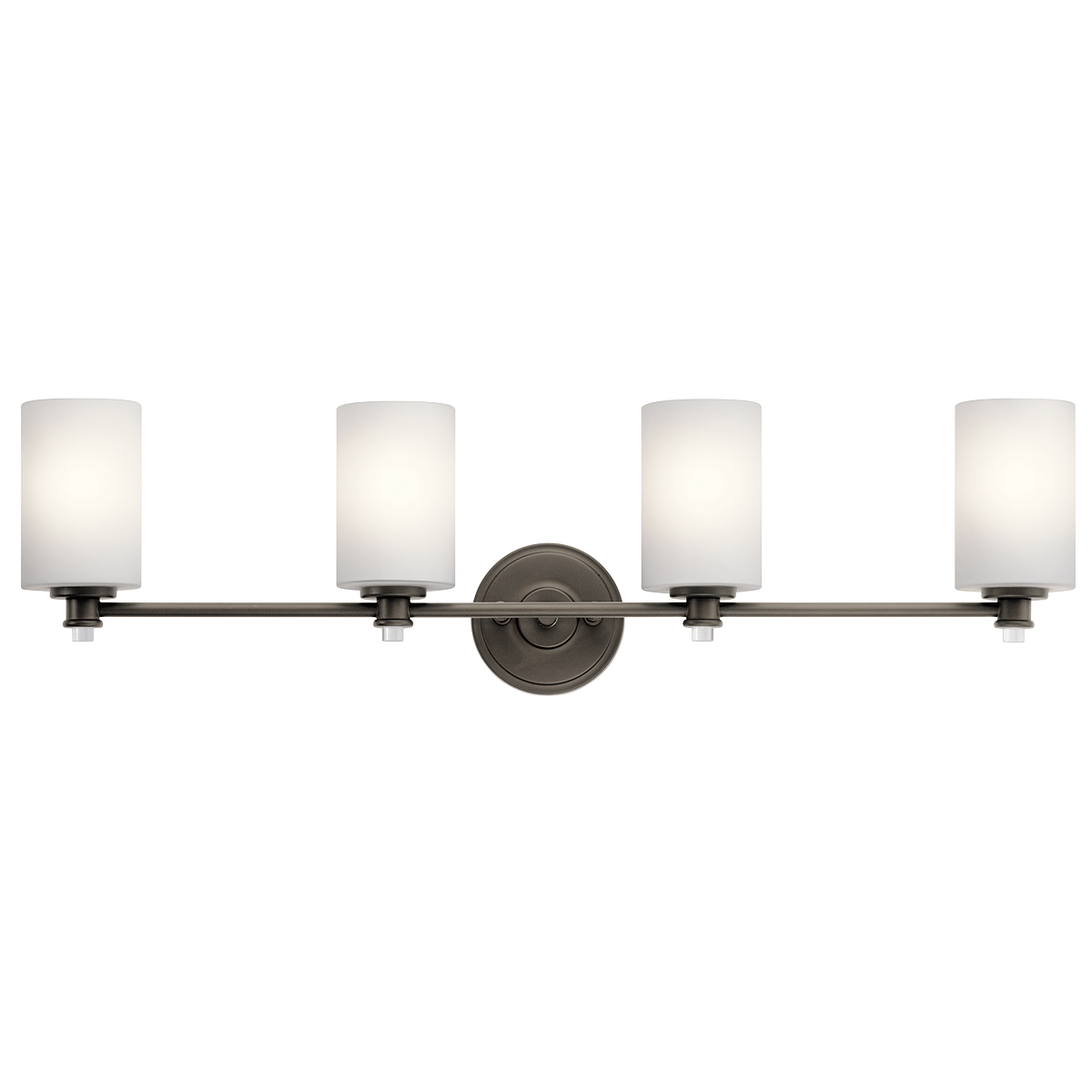 Joelson delivers a  4-light vanity that's transitional and versatile. This fixture showcases retro-inspired light bulb sockets with beautiful satin etched cased opal glass. For added ambiance, Joelson is appointed  with an Olde Bronze(R) finish.