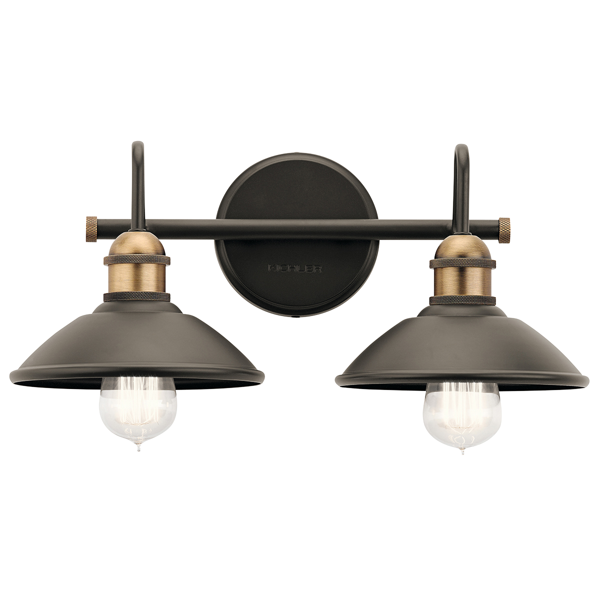 Bring a touch of the outdoors in with Clyde's 2-light 16.75in. bath light. An Olde Bronze finish, a vintage-inspired socket and diamond knurl banding enhance the industrial look.