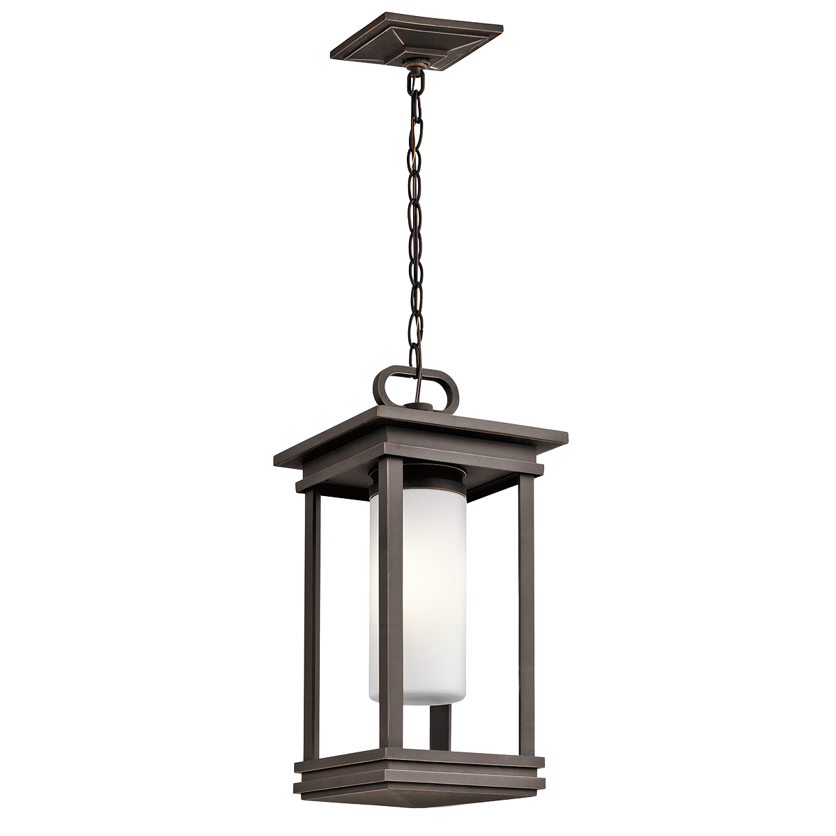 This 1 light fluorescent hanging pendant from the South Hope(TM) collection softens its sturdy rectangular design with Satin Etched Cased Opal Glass for an expertly understated grace and welcoming light. A Rubbed Bronze(TM) finish completes the overall look with a touch of casual style. Open and clean, this design can complement any porch or walkway.