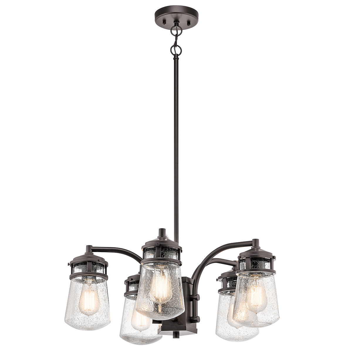 This 5 light outdoor chandelier from the Lyndon(TM) collection combines a simple streamline design with an emphasis on traditional details. Featuring a beautiful Architectural Bronze(TM) finish and Clear Seedy Glass, this fixture can effortlessly blend with your existing décor.