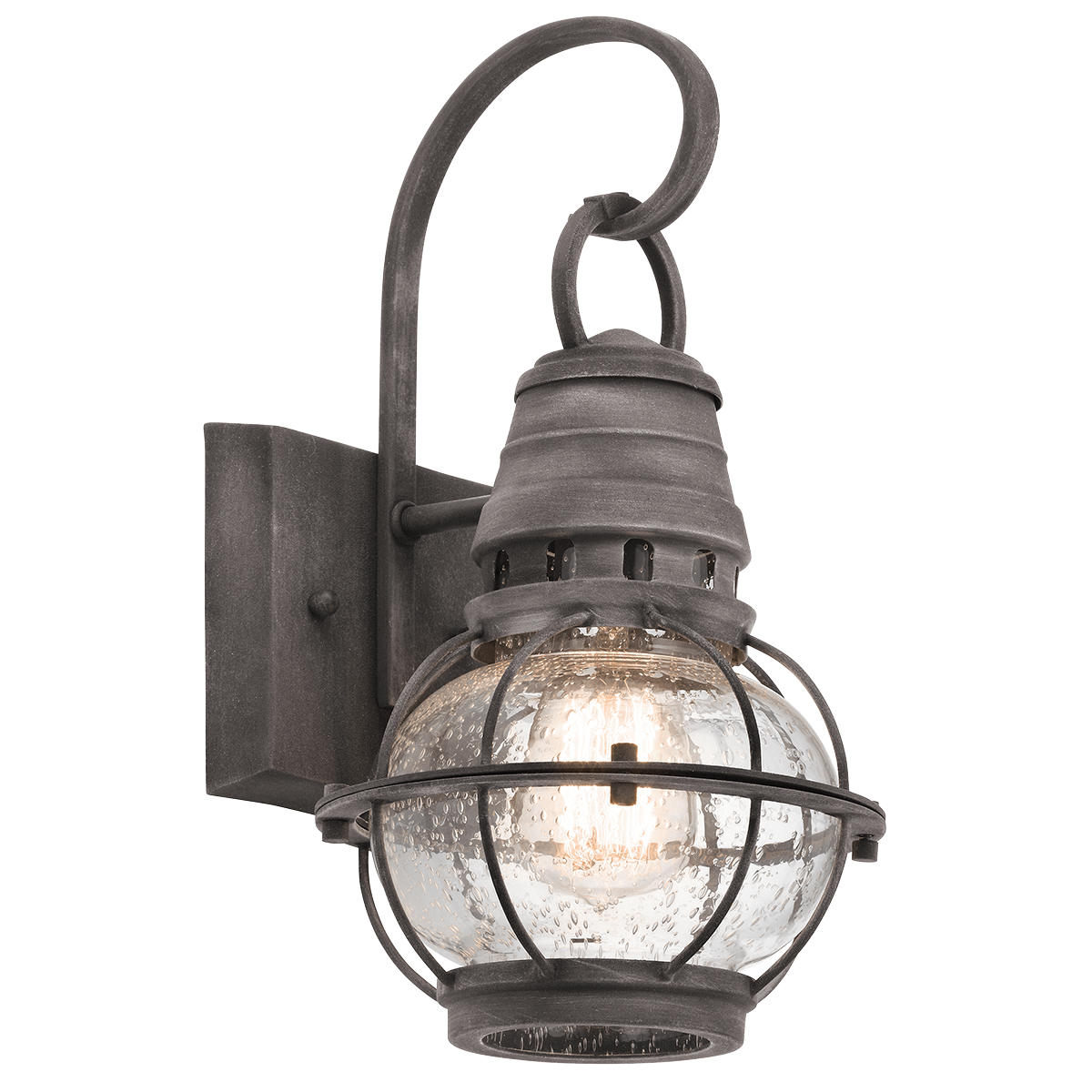 This extra large wall lantern from the Bridge Point outdoor collection embodies the classic styling of nautical and railway lighting.  It features a Weathered Zinc finish surrounding Clear Seeded glass.