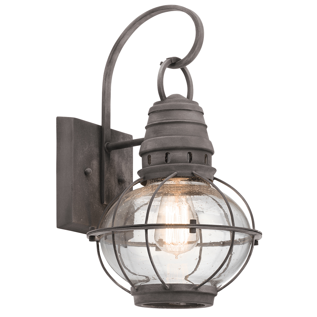This medium wall lantern from the Bridge Point outdoor collection embodies the classic styling of nautical and railway lighting.  It features a Weathered Zinc finish surrounding Clear Seeded glass.