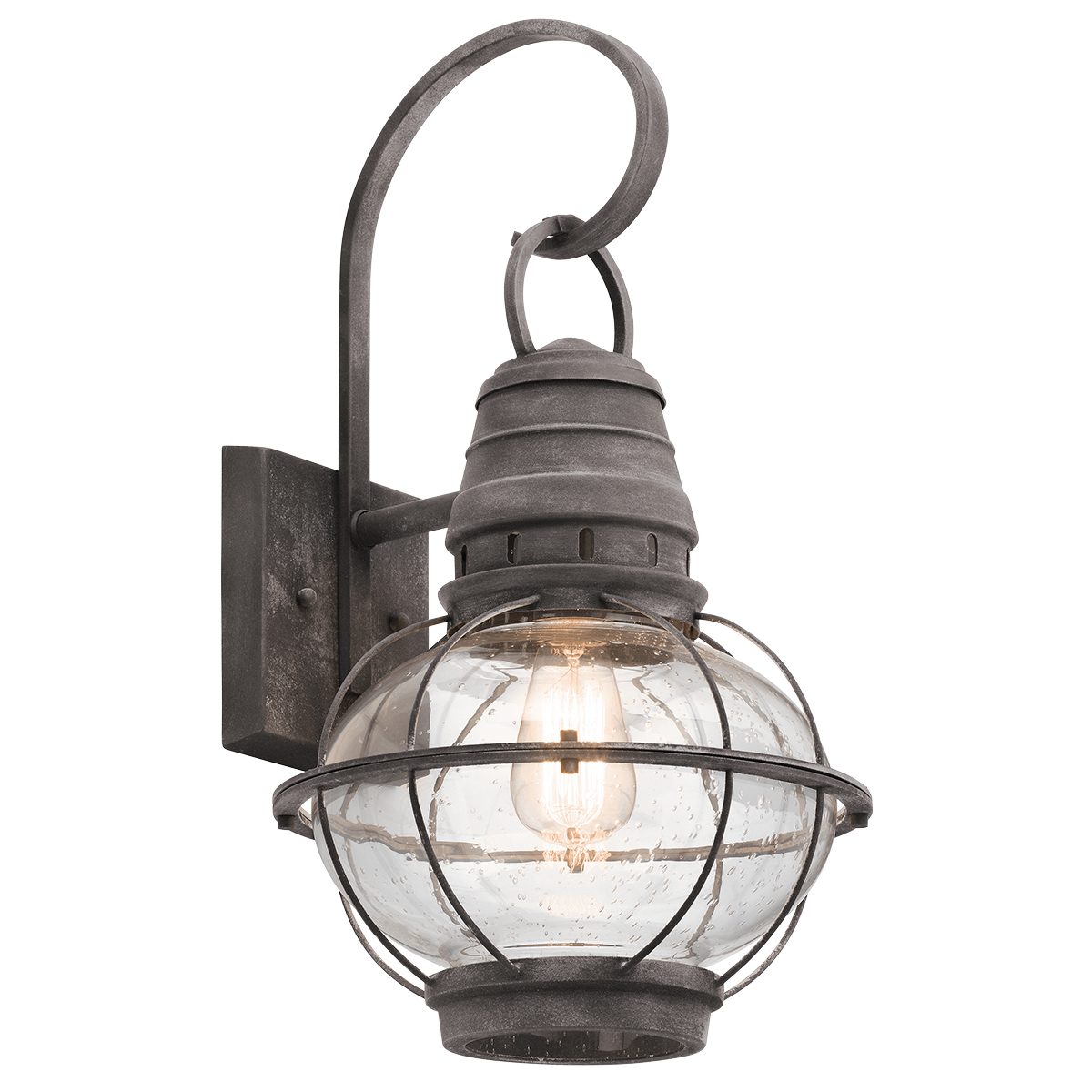 This large wall lantern from the Bridge Point outdoor collection embodies the classic styling of nautical and railway lighting.  It features a Weathered Zinc finish surrounding Clear Seeded glass.