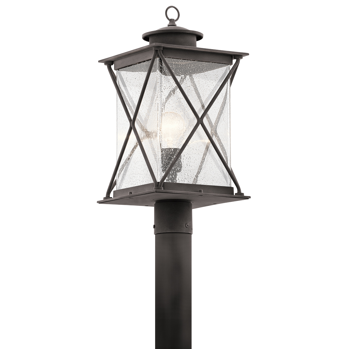 Argyle's outdoor post lantern showcases a lodge-inspired design that brings a distinctive look to your curb-appeal. This fixture features a crisscross pattern, a beautiful Weathered Zinc finish and clear seeded glass. When creating an aesthetic atmosphere, nothing compares to Argyle.