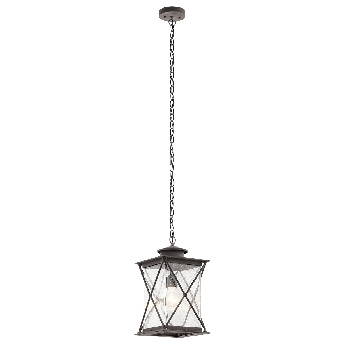 Argyle's outdoor pendant showcases a lodge-inspired design that brings a distinctive look to your curb-appeal. This fixture features a crisscross pattern, a beautiful Weathered Zinc finish and clear seeded glass. When creating an aesthetic atmosphere, nothing compares to Argyle.