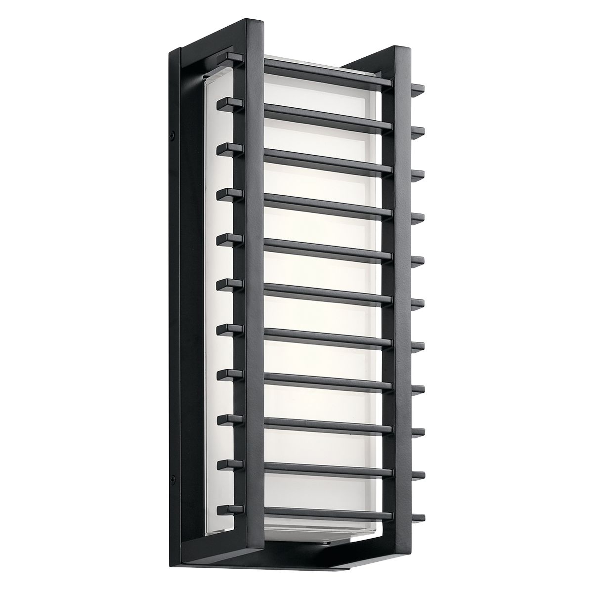 A louvered look, popular in modern architecture, gives this Rockbridge 16in. LED outdoor wall lantern an uncommon style. The Black finish on the horizontal slats offers a stark contrast to the pure white glass.  Designed to withstand outdoor use, Rockbridge's distinctive look is also a welcome addition to modern indoor spaces.