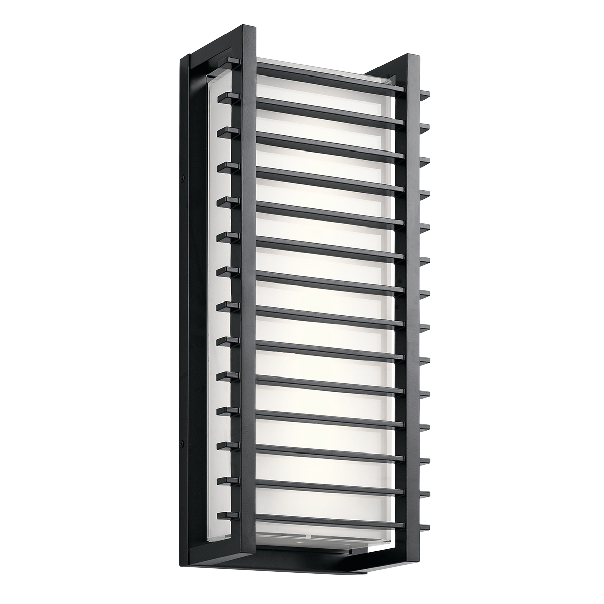 A louvered look, popular in modern architecture, gives this Rockbridge 21in. LED outdoor wall lantern an uncommon style. The Black finish on the horizontal slats offers a stark contrast to the pure white glass.  Designed to withstand outdoor use, Rockbridge's distinctive look is also a welcome addition to modern indoor spaces.