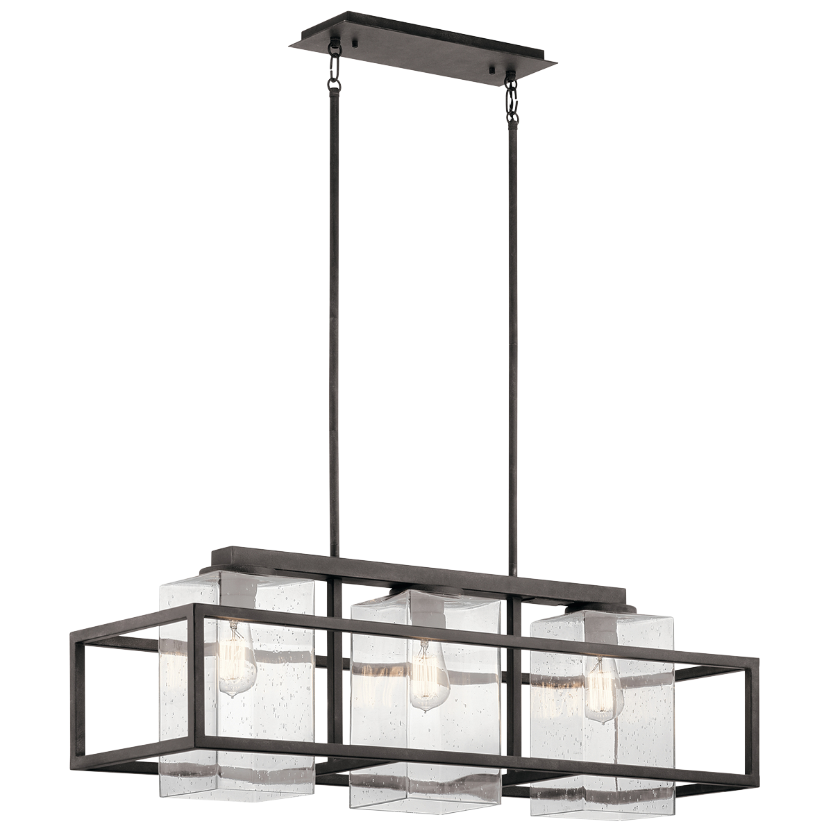 Designed for outdoor living areas, this 3 light outdoor linear chandelier from the Wright collection is equally at home indoors over a kitchen island. The square glass shades, geometric framework and Weathered Zinc finish create a unique and versatile look that pairs well with stonework, solid surface countertops and more.