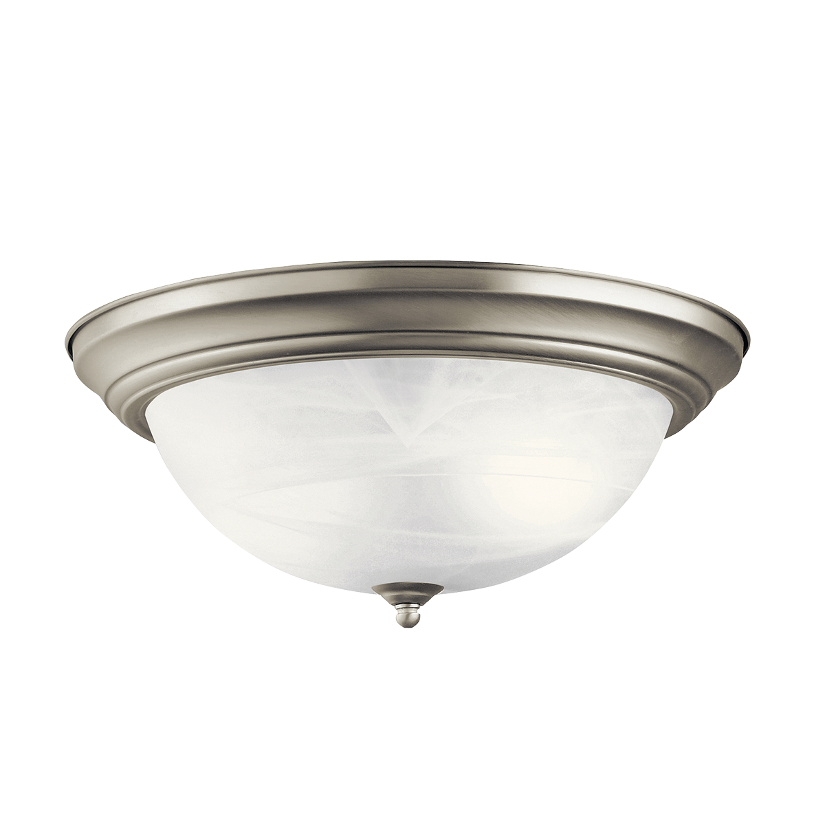 With just the right amount of added detail, this flush mount ceiling fixture provides not only the light you need, but the form as well.  A pleasing, yet unobtrusive look for any room where a functional light is needed. Alabaster swirl glass and Brushed Nickel finish. 3 light. 60 watt max. Diameter 15 ½in., height 6 ½