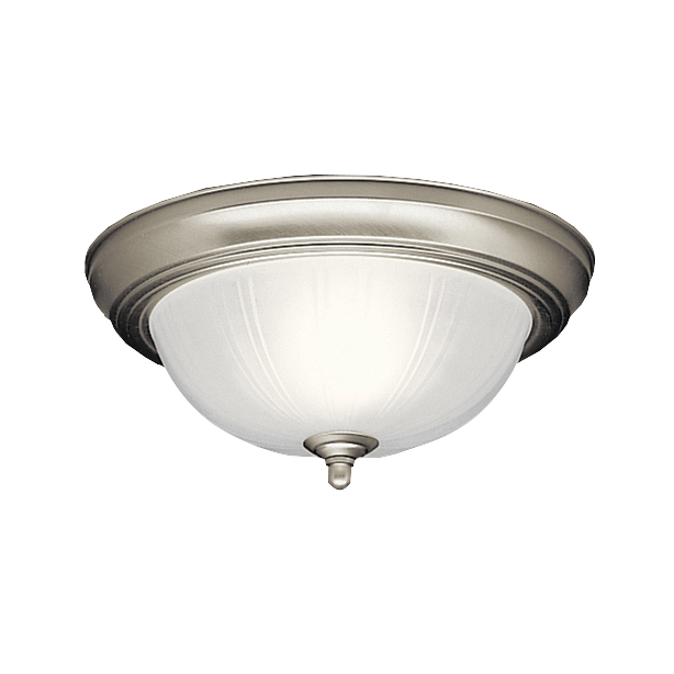This Brushed Nickel Ceiling Light proves that simple can still be beautiful. It features satin etched glass, 11in. diameter, and its 2-light design uses 60-watt (max.) bulbs.
