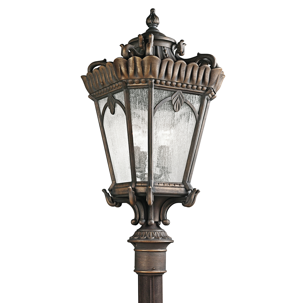 With its heavy textures, dark tones and fine attention to detail, this 4 light mounted outdoor post from the Tournai(TM) collection stands out from other outdoor fixtures. Handmade from cast aluminum, its distinctive Londonderry(TM) finish and Clear Seedy Glass panels give this piece a unique aged look.