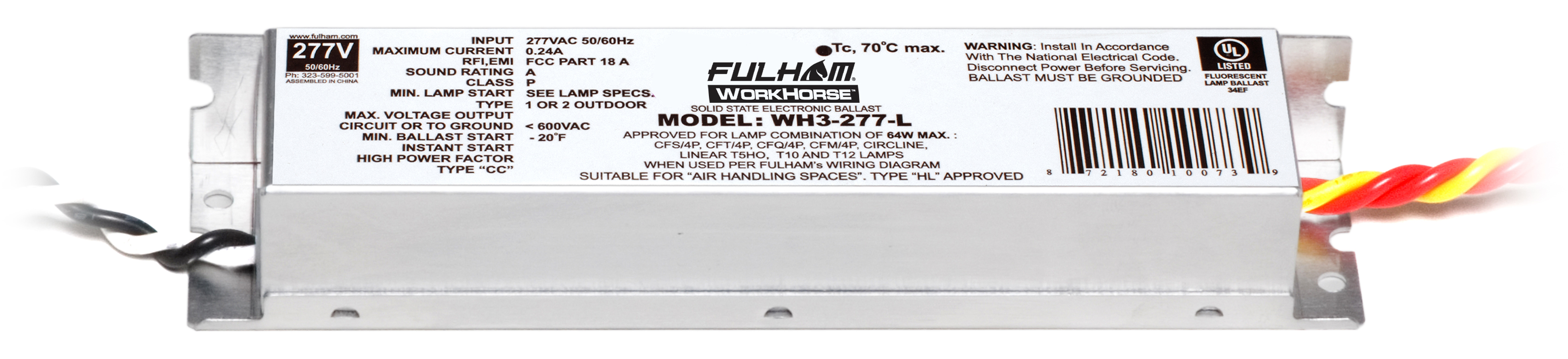 Product image for Fulham Company WH3-277-L 64 W .24 Amp 277 Volt Ballast