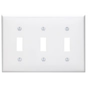 Product image for Leviton 80711-W 6.38 x 0.22 x 4.5 Inch 3-Gang Smooth White Thermoplastic Nylon Device Mount Standard Toggle Switch Wallplate