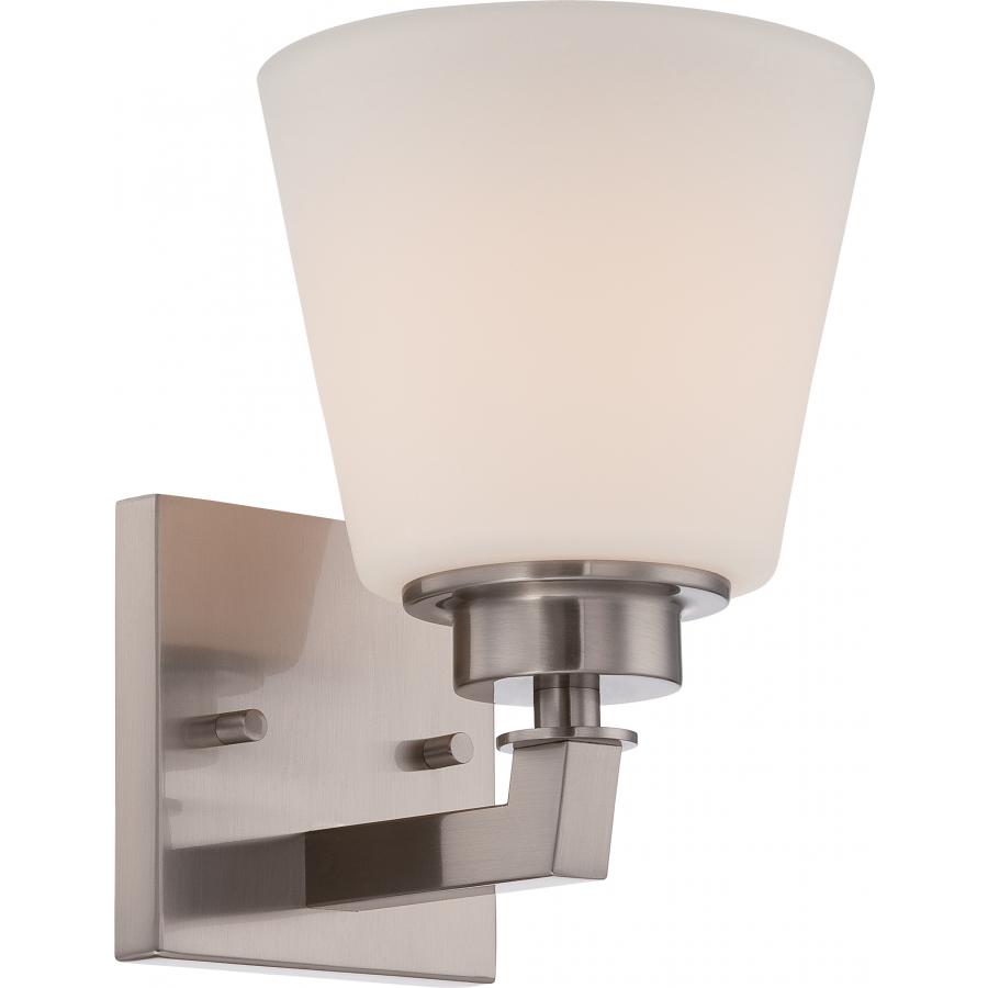 Mobili 1 Light Vanity Fixture with Satin White Glass Brushed Nickel