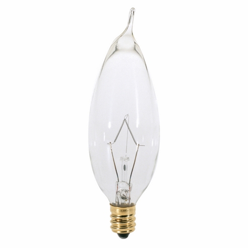 Incandescent Decorative Lamp, Designation: 25CA8, 130 V, 25 WTT, CA8 Shape, E12 Candelabra Base, Clear, CC-2V Filament, 2500 HR, Lumens: 210 LM Initial, 3-5/8 IN Length, 1 IN Diameter