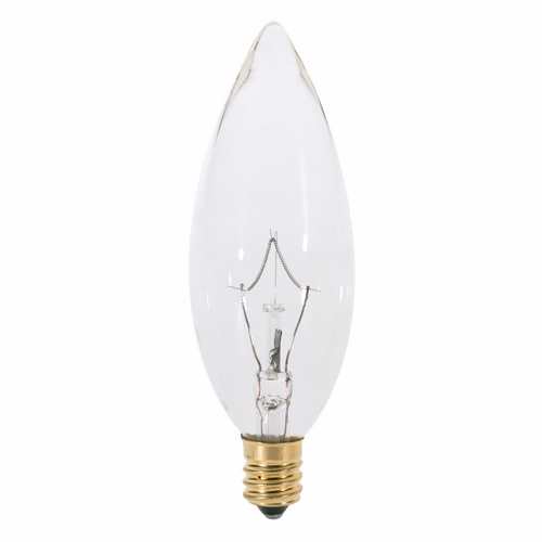 Incandescent Decorative Lamp, Designation: 25BA9 1/2, 130 V, 25 WTT, BA9 1/2 Shape, E12 Candelabra Base, Clear, CC-2V Filament, 2500 HR, Lumens: 193 LM Initial, 3-1/2 IN Length, 1-3/16 IN Diameter