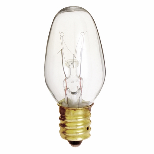 Designation: 7W C7 CAND CLR, 7 watt C7 Incandescent, Clear, 3000 average rated hours, 35 lumens, Candelabra base, 120 volts, 2/Card