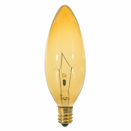 Incandescent Decorative Lamp, Designation: 60BA9 1/2/A, 120 V, 60 WTT, BA9 1/2 Shape, E12 Candelabra Base, Transparent Amber, CC-2V Filament, 1500 HR, 3-1/2 IN Length, 1-3/16 IN Diameter