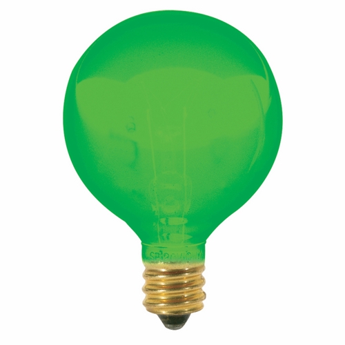 Incandescent Globe Lamp, Designation: 10G12 1/2/G, 120 V, 10 WTT, G12 1/2 Shape, E12 Candelabra Base, Transparent Green, C-7A Filament, 1500 HR, 2-3/8 IN Length, 1-9/16 IN Diameter