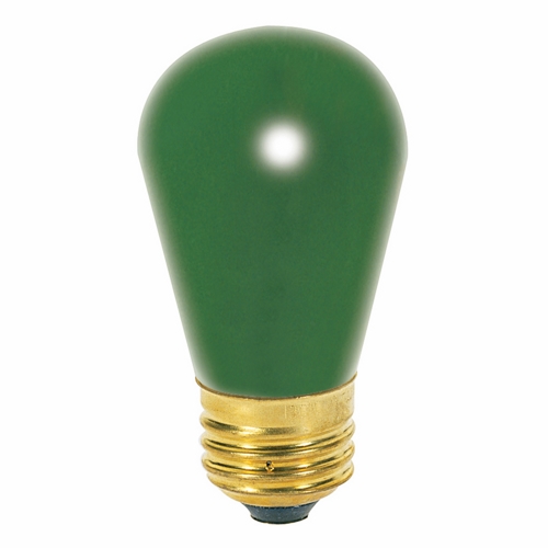 Incandescent Indicator & Sign Lamp, Designation: 11S14/G, 130 V, 11 WTT, S14 Shape, E26 Medium Base, Ceramic Green, CC-9 Filament, 2500 HR, 3-1/2 IN Length, 1-3/4 IN Diameter