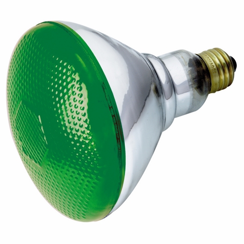 Incandescent Reflector Lamp, Designation: 100BR38/G/230V, 230 V, 100 WTT, BR38 Shape, E26 Medium Base, Green, CC-9 Filament, 2000 HR, 5-5/16 IN Length, 4-3/4 IN Diameter