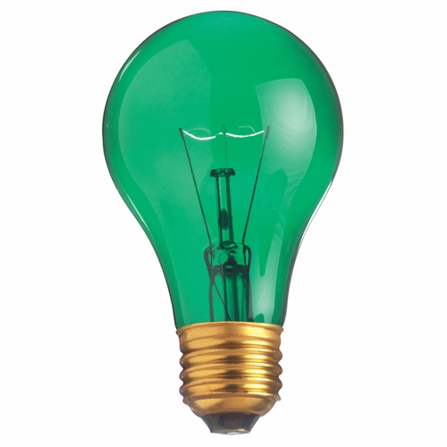 Incandescent General Service Lamp, Designation: 25A/TG, 130 V, 25 WTT, A19 Shape, E26 Medium Base, Transparent Green, C-9 Filament, 2000 HR, 4-1/8 IN Length, 2-3/8 IN Diameter