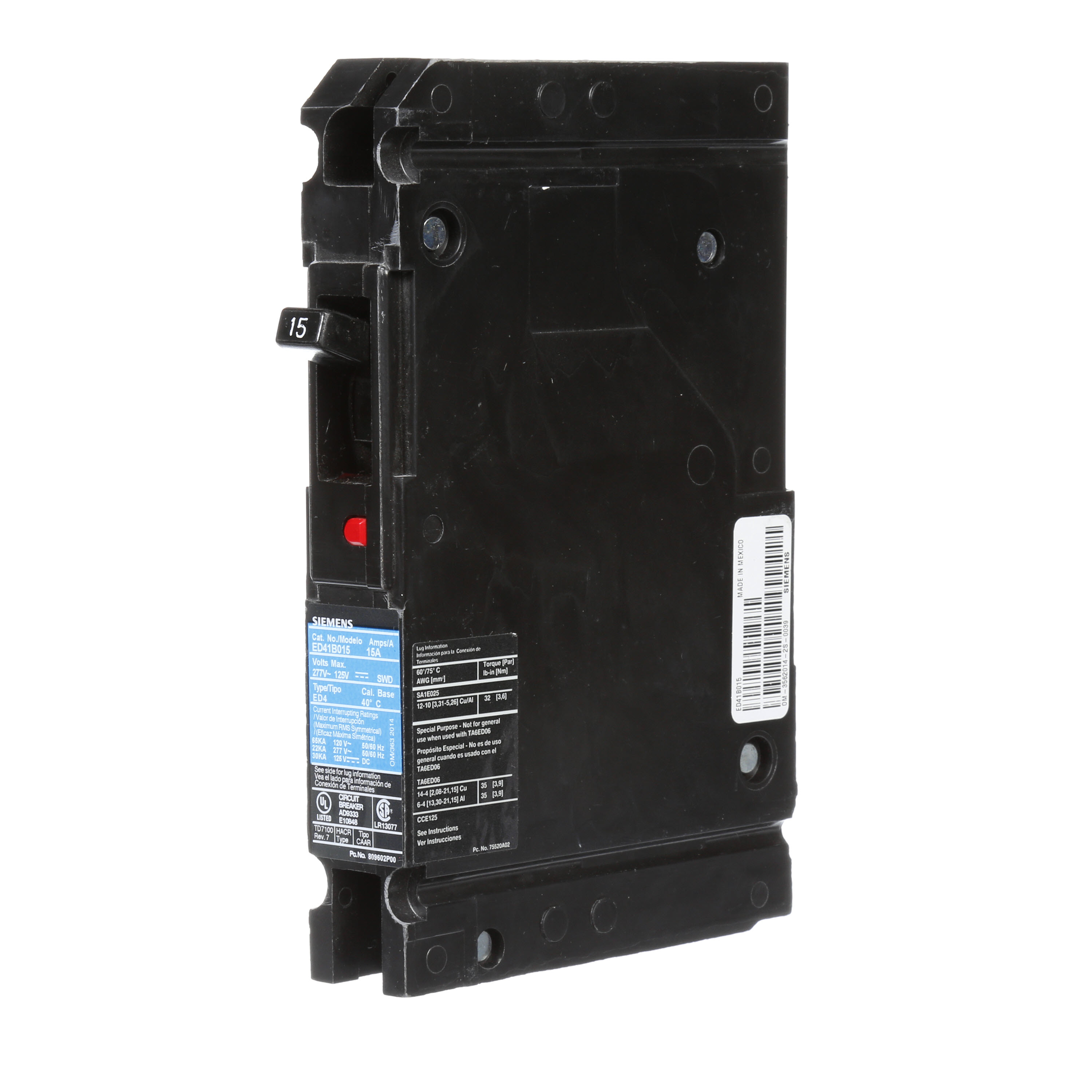 Product image for Siemens ED41B015L MCCB,1P,277VAC