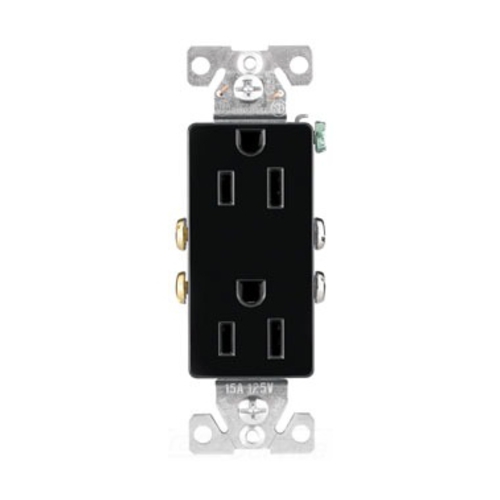 Eaton residential grade duplex receptacle, #14-10 AWG, 15A, Flush, 125V, Side and push, Black, Brass, Indoor, Impact-resistant thermoplastic, 5-15R, Two-pole, Three-wire, Duplex, Screw, Thermoplastic