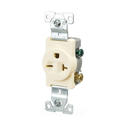 Eaton commercial specification grade single receptacle, #14-10 AWG, 20A, Commercial, Flush, 250V, Side wire, Light almond, Brass, Nylon face, PVC bottom, 6-20R, Single, Screw, PVC, Core pack
