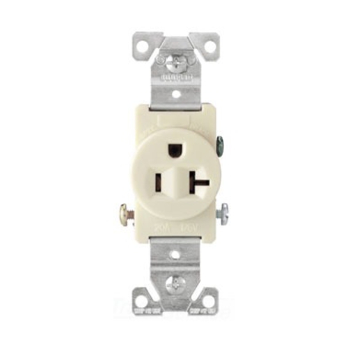 Eaton commercial specification grade single receptacle, #14-10 AWG, 20A, Commercial, Flush, 125V, Side wire, Almond, Brass, Nylon face, PVC bottom, 5-20R, Single, Screw, PVC, Core pack