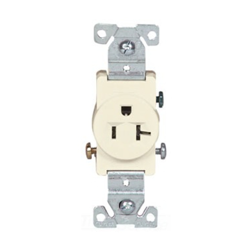 Eaton commercial specification grade single receptacle, #14-10 AWG, 20A, Commercial, Flush, 125V, Side wire, Light almond, Brass, Nylon face, PVC bottom, 5-20R, Single, Screw, PVC, Core pack
