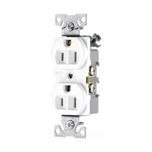 Eaton commercial specification grade duplex receptacle, #14-10 AWG, 15A, Commercial, Flush, 125V, Back and side, White, Brass, High-impact nylon, PVC, 5-15R, Duplex, Screw, PVC, Core pack