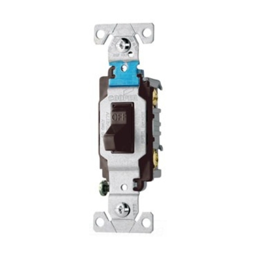Eaton commercial grade toggle switch, #14-10 AWG, 15A, Commercial, Flush, 120/277V, Side wire, Screw, Black, Load type: Motor Control, Fan, LED, Incandescent, ELV, MLV, CFL, Flourescent, Halogen, Single-Pole, Single-Pole, Brass, PVC