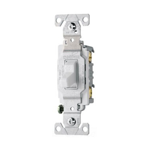 Eaton commercial grade toggle switch, #14-10 AWG, 15A, Commercial, Flush, 120/277V, Side wire, Screw, White, Load type: Motor Control, Fan, LED, Incandescent, ELV, MLV, CFL, Flourescent, Halogen, Single-Pole, Single-Pole, Brass, PVC