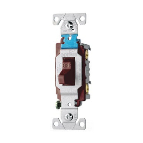 Eaton commercial grade toggle switch, #14-10 AWG, 20A, Commercial, Flush mount, 120/277V, Side wire, Screw, Brown, Load type: Motor Control, Fan, LED, Incandescent, ELV, MLV, CFL, Flourescent, Halogen, Double-Pole, Dual-pole, Brass, PVC