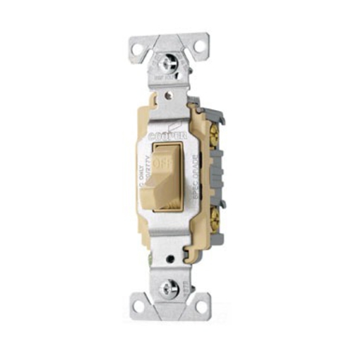 Eaton commercial grade toggle switch, #14-10 AWG, 20A, Commercial, Flush, 120/277V, Side wire, Screw, Ivory, Load type: Motor Control, Fan, LED, Incandescent, ELV, MLV, CFL, Flourescent, Halogen, Double-Pole, Dual-pole, Brass, PVC