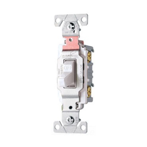 Eaton commercial grade toggle switch, #14-10 AWG, 20A, Commercial, Flush, 120/277V, Side wire, Screw, White, Load type: Motor Control, Fan, LED, Incandescent, ELV, MLV, CFL, Flourescent, Halogen, Double-Pole, Dual-pole, Brass, PVC