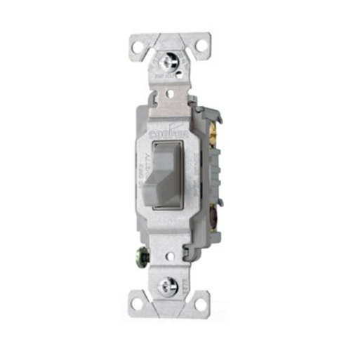 Eaton commercial grade toggle switch, #14-10 AWG, 15A, Commercial, Wall, 120/277V, Side wire, Screw, Gray, Three-Way, Copper alloy, Terminals: 0.031 in