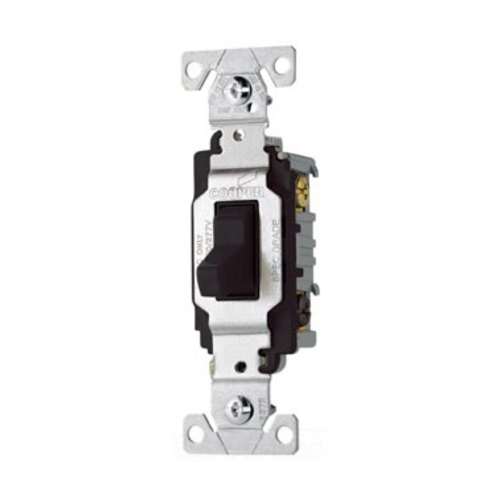 Eaton commercial grade toggle switch, #14-10 AWG, 20A, Commercial, Wall, 120/277V, Side wire, Screw, Black, Three-Way, Copper alloy, Terminals: 0.031 in