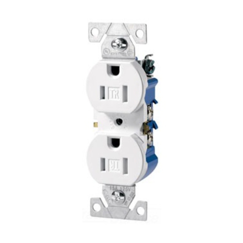 Eaton residential grade duplex receptacle, #14-10 AWG, 15A, Flush, 125V, Side and push, White, Brass, Impact-resistant thermoplastic face, PVC body, 5-15R, Two-pole, Three-wire, Duplex, Screw, Thermoplastic, Tamper resistant