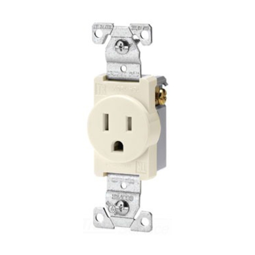 Eaton commercial specification grade single receptacle, #14-10 AWG, 15A, Commercial, Flush, 125V, Side wire, Light almond, Brass, Impact-resistant thermoplastic face and back body, 5-15R, Single, Screw, PVC, ED Box