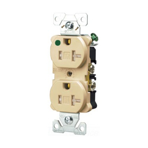 Eaton Arrow Hart heavy-duty hospital grade duplex receptacle, #14-10 AWG, 20A, Healthcare, Flush, 125V, Back and side, Ivory, Brass, Impact-resistant nylon face, PVC body, 5-20R, Duplex, Screw, Nylon, Core pack