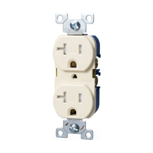 Eaton commercial specification grade duplex receptacle, #14-10 AWG, 20A, Commercial, Flush, 125V, Back and side, Light almond, Brass, Impact-resistant nylon face, PVC body, 5-20R, Duplex, Screw, PVC, ED Box