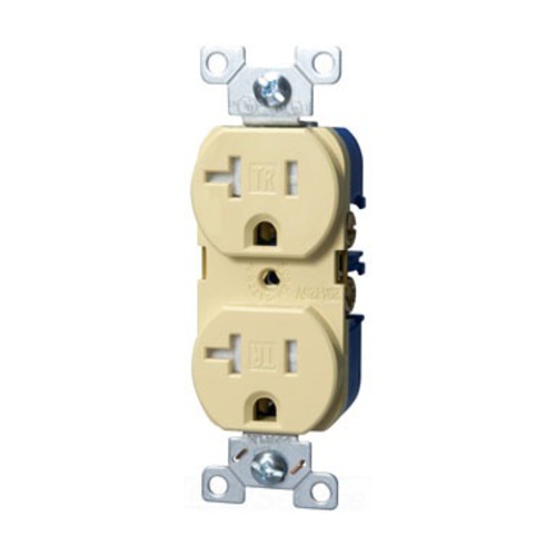 Eaton commercial specification grade duplex receptacle, #14-10 AWG, 20A, Commercial, Flush, 125V, Back and side, Ivory, Brass, Impact-resistant nylon face, PVC body, 5-20R, Duplex, Screw, PVC, ED Box