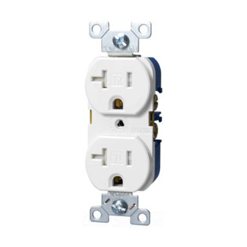 Eaton commercial specification grade duplex receptacle, #14-10 AWG, 20A, Commercial, Flush, 125V, Back and side, White, Brass, Impact-resistant nylon face, PVC body, 5-20R, Duplex, Screw, PVC, ED Box