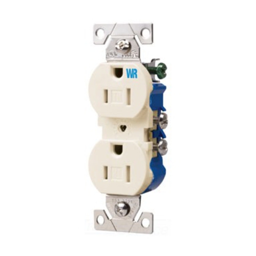 Eaton residential grade duplex receptacle, #14-10 AWG, 15A, Flush, 125V, Side and push, Light almond, Brass, Impact-resistant thermoplastic, 5-15R, Two-pole, Three-wire, Duplex, Screw, Thermoplastic