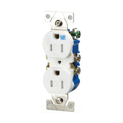 Eaton residential grade duplex receptacle, #14-10 AWG, 15A, Flush, 125V, Side and push, White, Brass, Impact-resistant thermoplastic, 5-15R, Two-pole, Three-wire, Duplex, Screw, Thermoplastic
