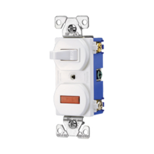 Eaton commercial grade combination switch, Neon pil lgt, Stand, #14 - #12 AWG, 15A, Commer, 120V (Switch), 125V (pil lgt), bk and sd wiring, togg, Maint closure, Screw, Brass, lt almd, -20-60?C, 1-pole, dplx, thermoplas, 1 / 25W